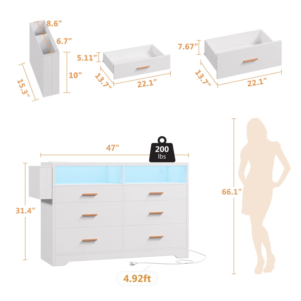 White Dresser for Bedroom,6 Drawers Dresserwith LED Lights and Charging Station, 47" Wide Bedroom Dresser Chest of Drawers Storage Organizer TV Stand for up to 55" TV for Living Room