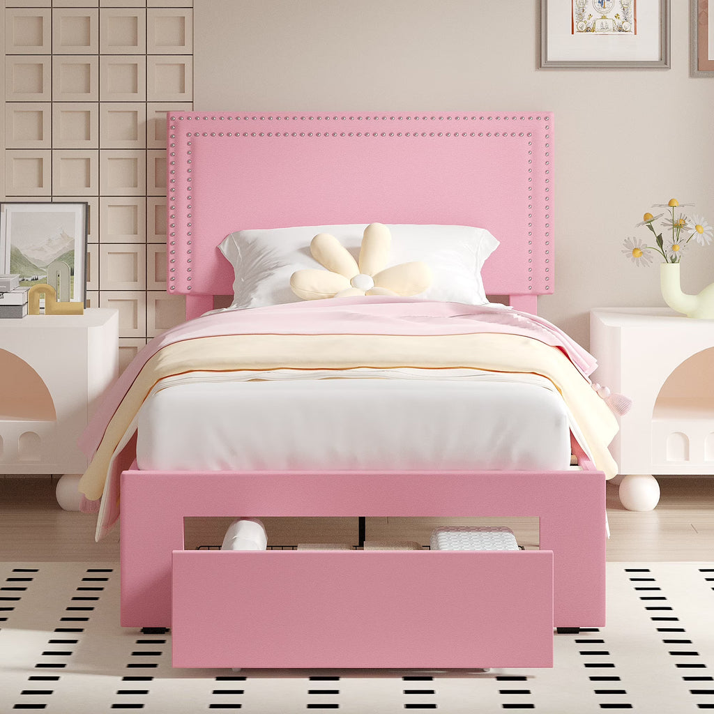 VECELO Full Bed Frame with 4 Storage Drawers (Wheeled) and Tufted Upholstered Adjustable Headboard Platform Bed, Beige