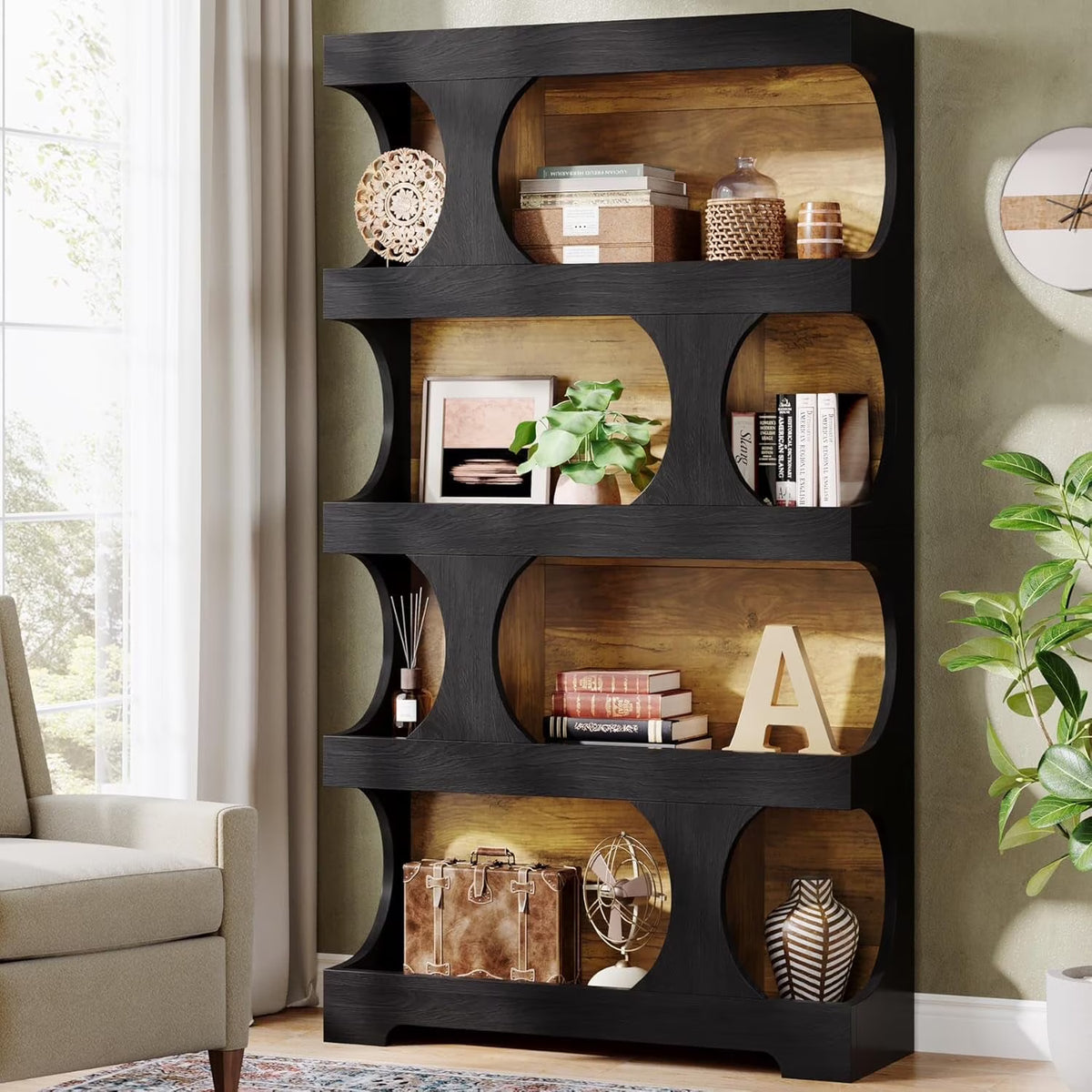 Tribesigns 71" Tall Bookcase, 4-Tier S-Shaped Bookshelf, Wood Decorative Storage Shelving, Modern Freestanding Display Shelves