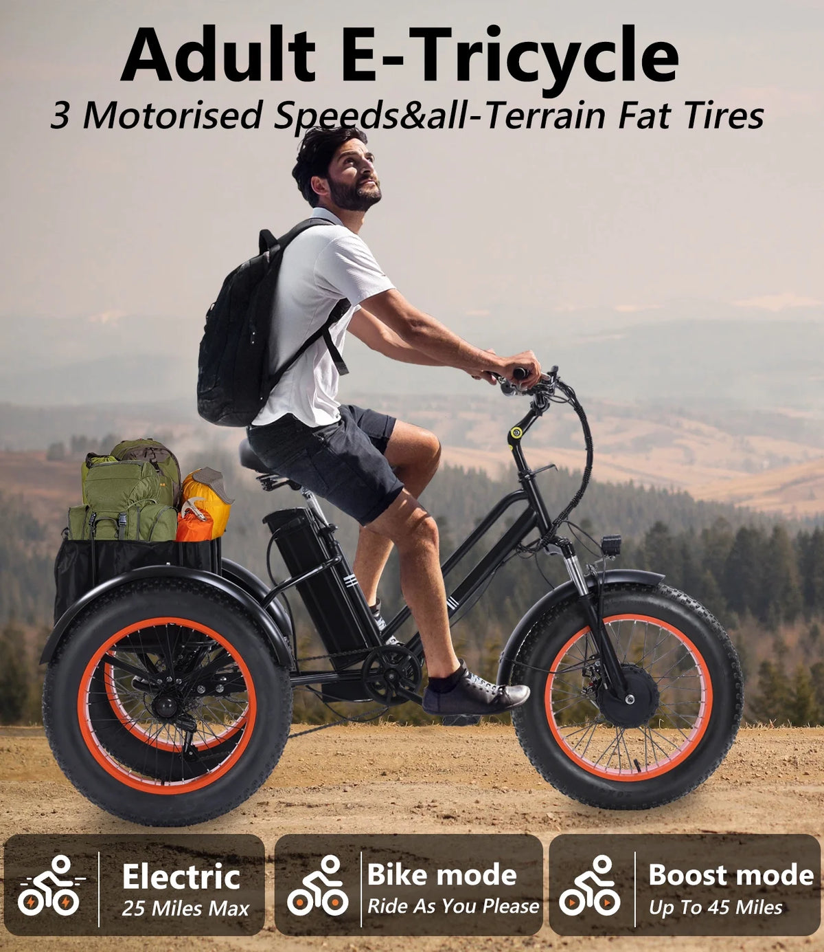 YEBEI Electric Tricycle for Adults Folding E-Trike Motorized Tricycle Electric 3 Wheels Trike Powerful 500W Motor Electric Tricycle 48V15AH Lithium Battery Max 20MPH 20*4.0�� Fat Tire Orange