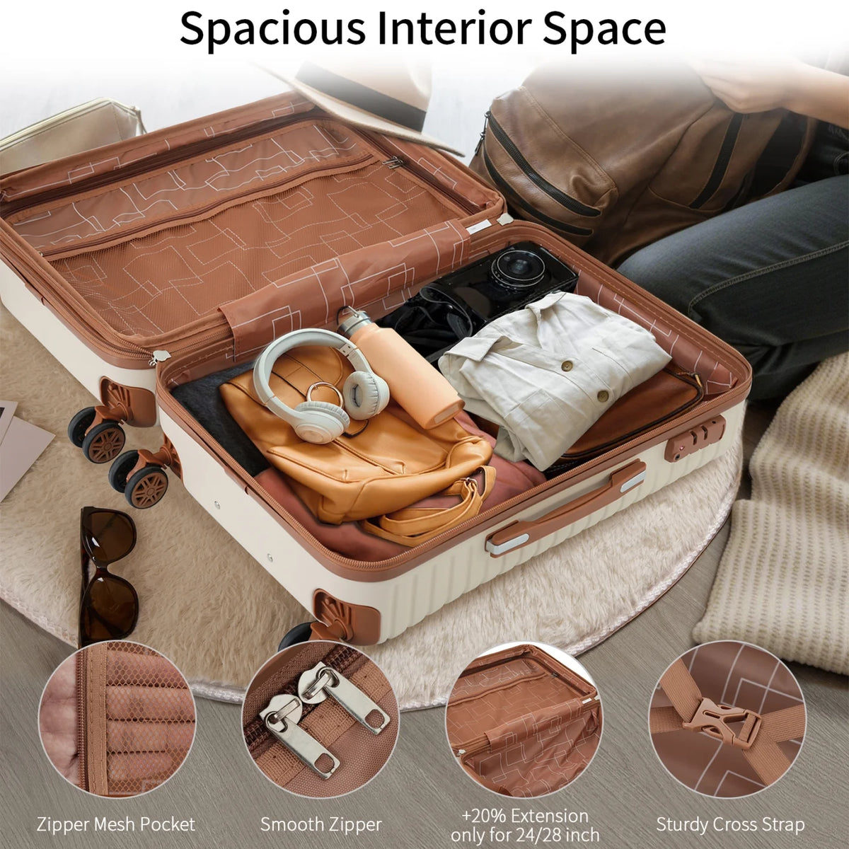 Luggage Sets,4-Piece Lightweight Suitcase Set with 4 Packing Cubes and TSA Lock, Hardshell Suitcases with Spinner Wheels, (16/20/24/28 ),Brown