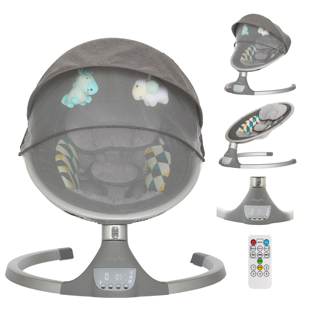 Dream On Me Zazu Baby Swing. Baby Swing for Infant. 5 - Swinging Speed. Two Attached Toys. Bluetooth Enabled and Remote Control. Grey and Blue
