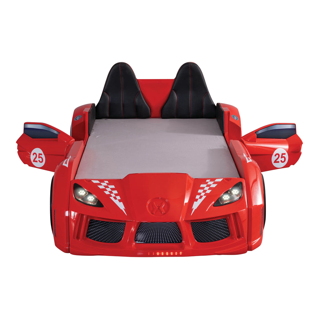 Furniture of America Dash Kids Plastic Twin Race Car Bed with LED and Sound, White