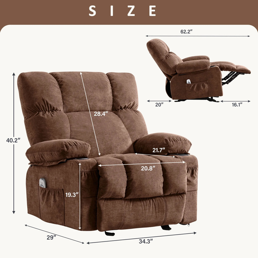 JONPONY Manual Recliner Chair with Heat Therapy and Massage Function, Heavy Duty Reclining Mechanism Massage Chair, Elderly Single Rocker Sofa with Cup Holders for Bedroom Home Theater,Grey