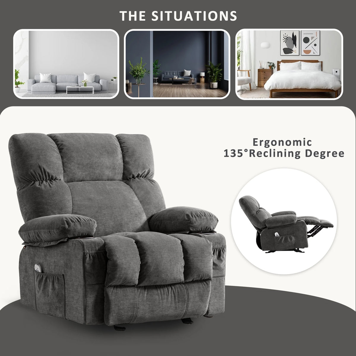 JONPONY Manual Recliner Chair with Heat Therapy and Massage Function, Heavy Duty Reclining Mechanism Massage Chair, Elderly Single Rocker Sofa with Cup Holders for Bedroom Home Theater,Grey