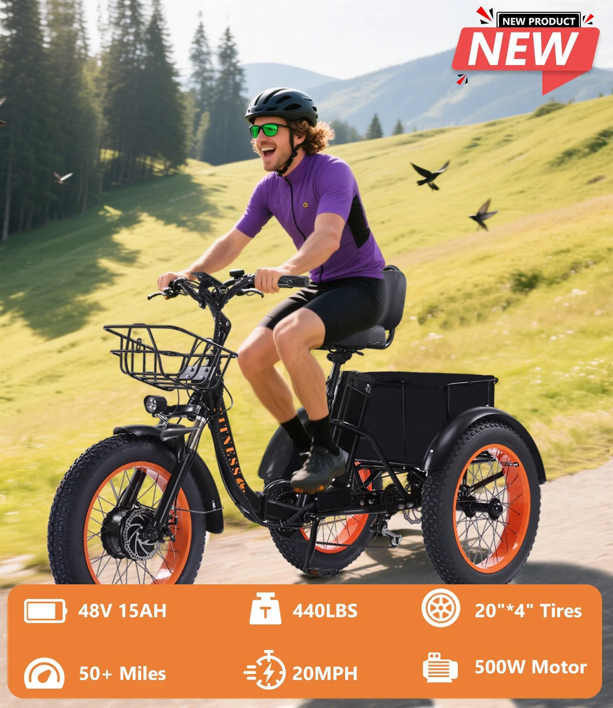 YEBEI Electric Tricycle for Adults Folding E-Trike Motorized Tricycle Electric 3 Wheels Trike Powerful 500W Motor Electric Tricycle 48V15AH Lithium Battery Max 20MPH 20*4.0�� Fat Tire Orange