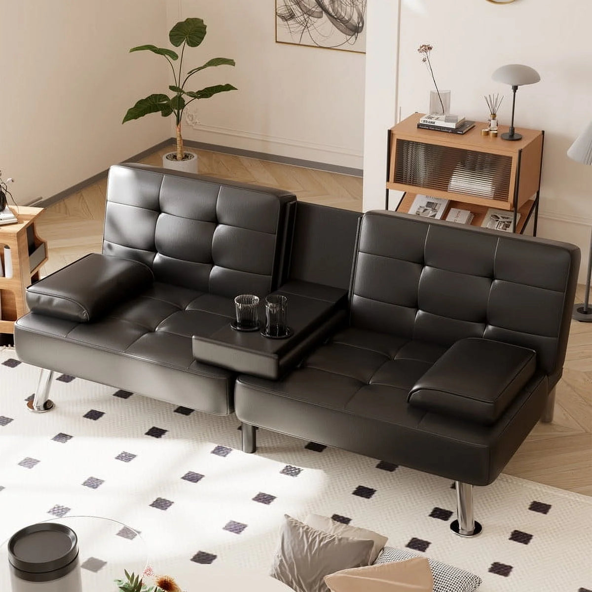 Furmax Futon Sofa Bed Convertible Folding Faux Leather Couch with 2 Cup Holders,Black