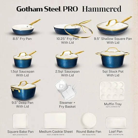 Gotham Steel Hammered 20 Pc Ceramic Cookware Set Nonstick, Induction Pots and Pans Set, Non Toxic Cookware Sets, Oven & Dishwasher Safe - Copper