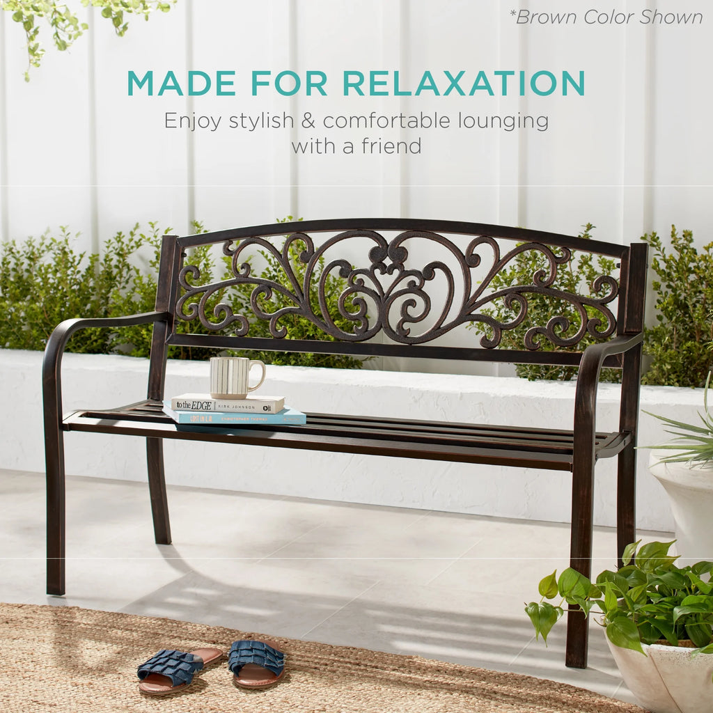 Best Choice Products Outdoor Steel Bench Garden Patio Porch Furniture w/ Floral Design Backrest - Black