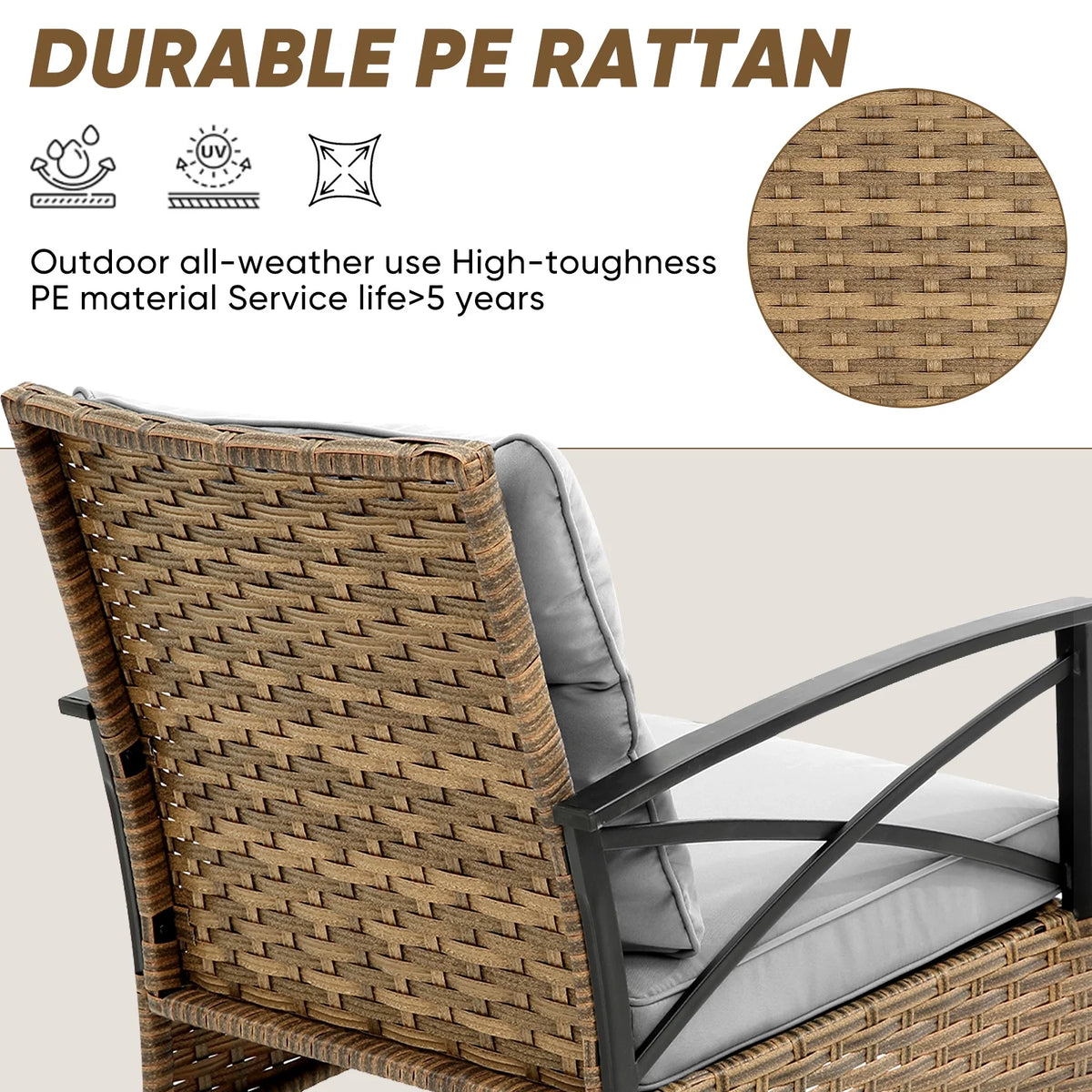 3 Pieces Patio Outdoor Conversation Set, Patio Furniture Bistro Set with 2-Tier Coffee Table, PE Wicker Rocking Chairs with Blue Cushions for for Backyard Porch Poolside