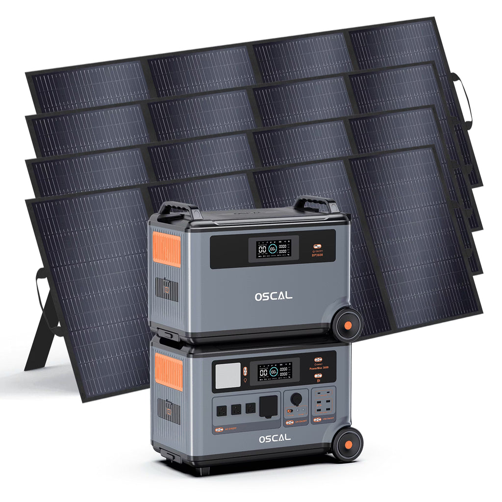 OSCAL PowerMax 6000 Portable Power Station, 3600Wh LiFePO4 Battery with 6000W Output, BP3600 Expansion Battery & 200W Solar Panels, Solar Generator for Camping, Home, Outdoor, Emergency Use