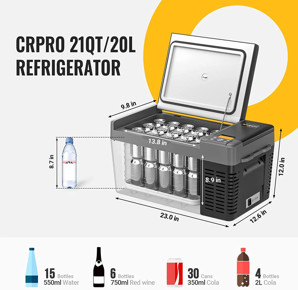 BougeRV Portable Car Refrigerator CRPRO 21 Qt, 12 Volt Fridge Compressor Freezer with -8�H~50�H Cooling Range, 12V/24 DC & 110-240 AC for RV Truck Vehicle Boat Outdoor & Home Use Black