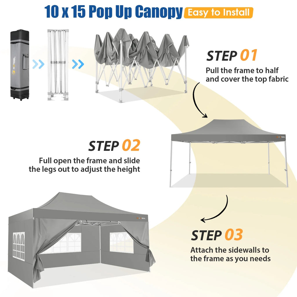 HOTEEL 10x15 Heavy Duty Canopy Tent - Commercial Pop Up with UV50+, Thick Hexagonal Frame, 4 Sidewalls, Anti-Pooling Design & Roller Bag (Black)