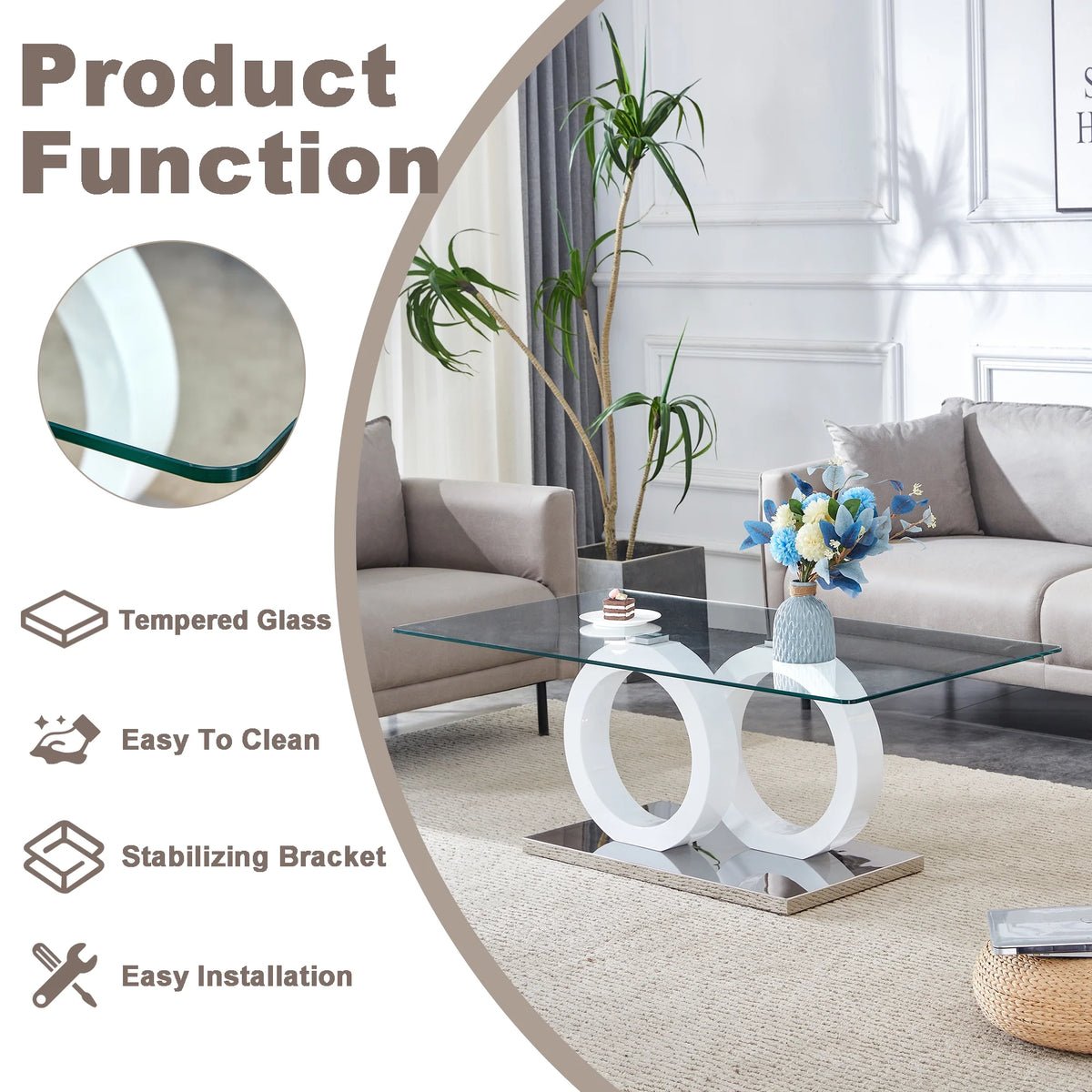 Sudica Rectangle Glass Coffee Table, Modern 47"x25" Tempered Glass Top Tea Table for Living Room, White Base