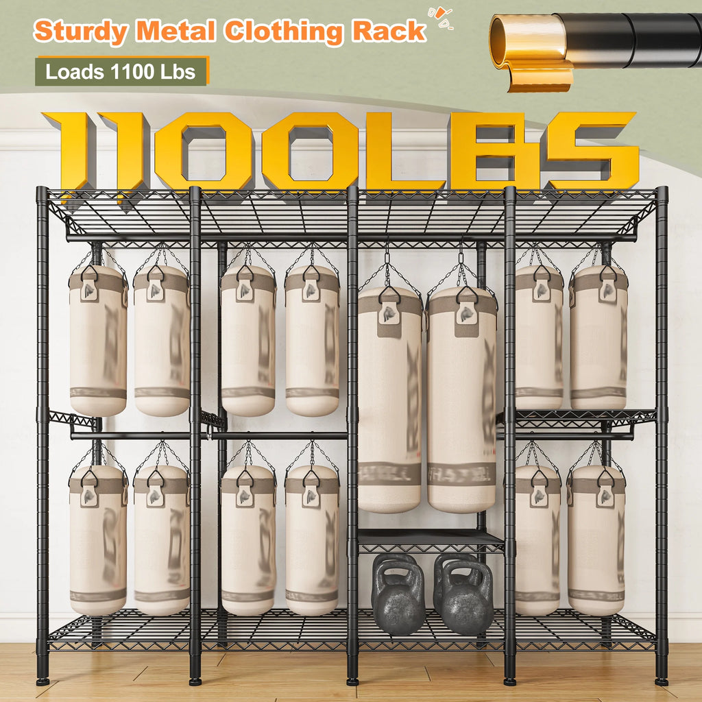 EnHomee 76"W Clothes Rack with Cover,1100LBS Heavy Duty Wardrobe Closet Organizer,Adjustable Portable Closet��Black