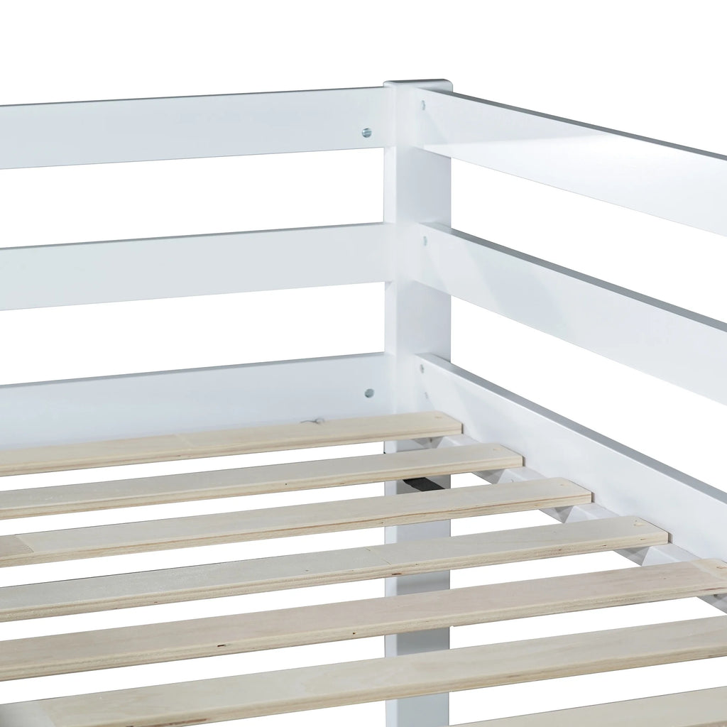 Twin Over Twin Floor Bunk Bed, UHOMEPRO Solid Wood Low Bunk Bed with Safety Rail, Ladder, Heavy Duty Bunk Beds, Space-Saving Bedroom Dorm Furniture, Gray