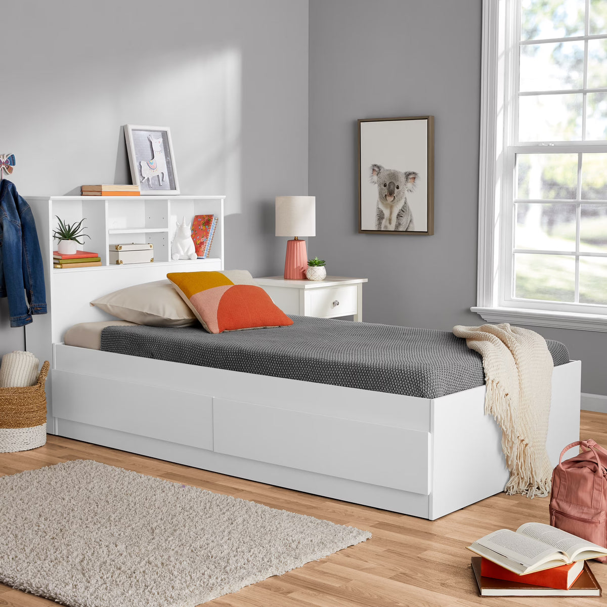 Your Zone Easy to Assemble Storage Bed with Bookcase Headboard, Twin, Natural Teak Finish
