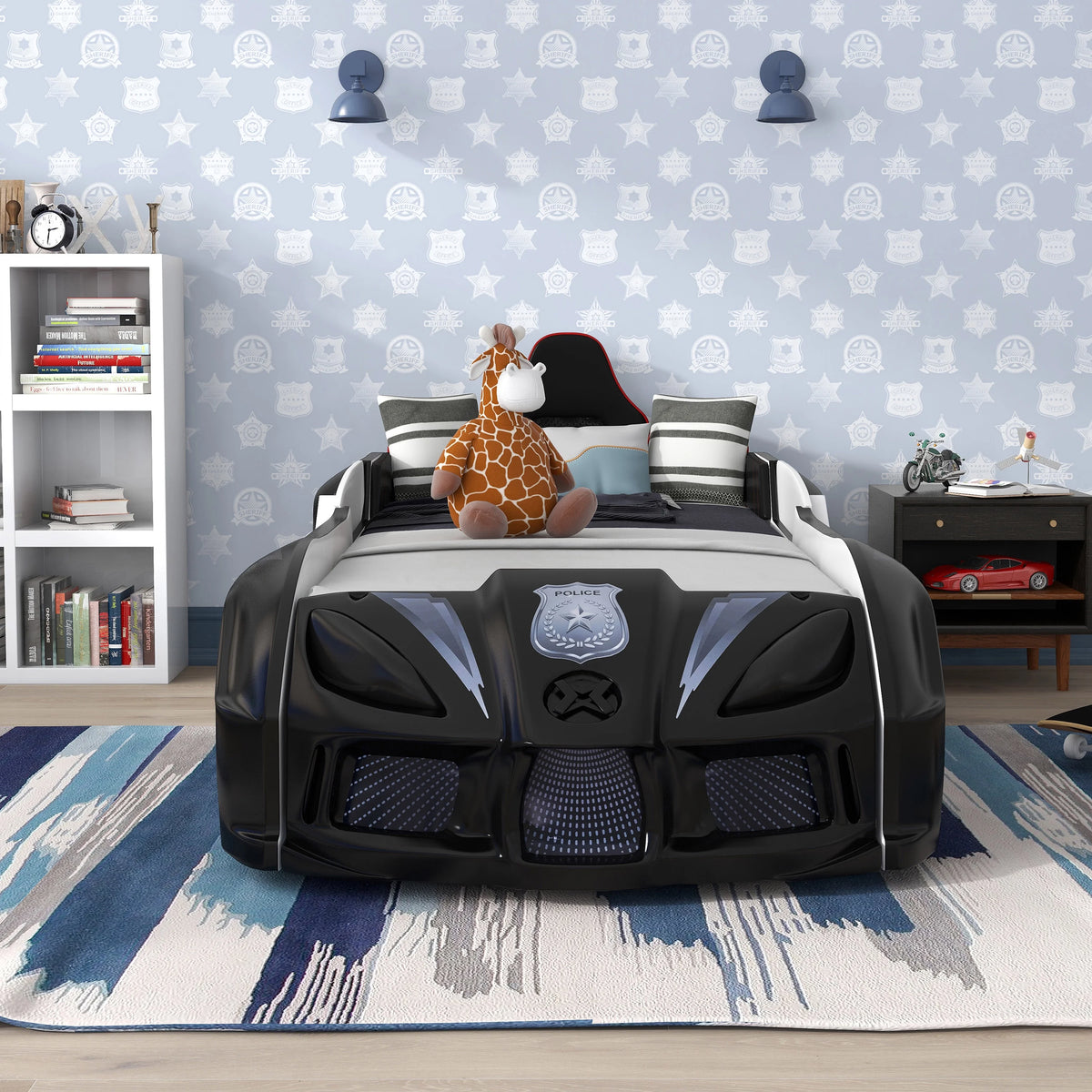 Furniture of America Dash Kids Plastic Twin Race Car Bed with LED and Sound, White