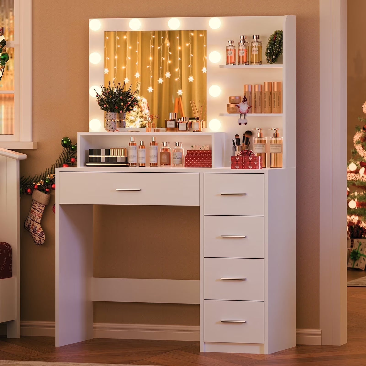 Makeup Vanity Desk with Mirror & Lights, Vanity Table with 5 Drawers & Storage Shelves, Makeup Vanity , 3 Color Modes & Adjustable Brightness Dressing Table, Bedroom, White