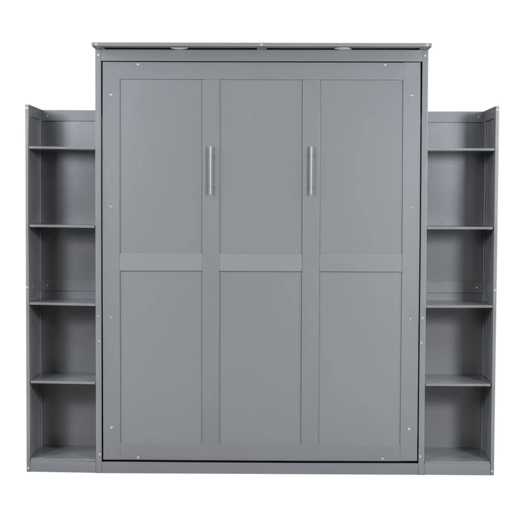 Aukfa Queen Size Murphy Bed with 5-Tier Storage Shelf & LED Lights, Foldable Wall Bed Cabinet with Mattress Support, Space-Saving Design for Guest Room/Home Office, Gray