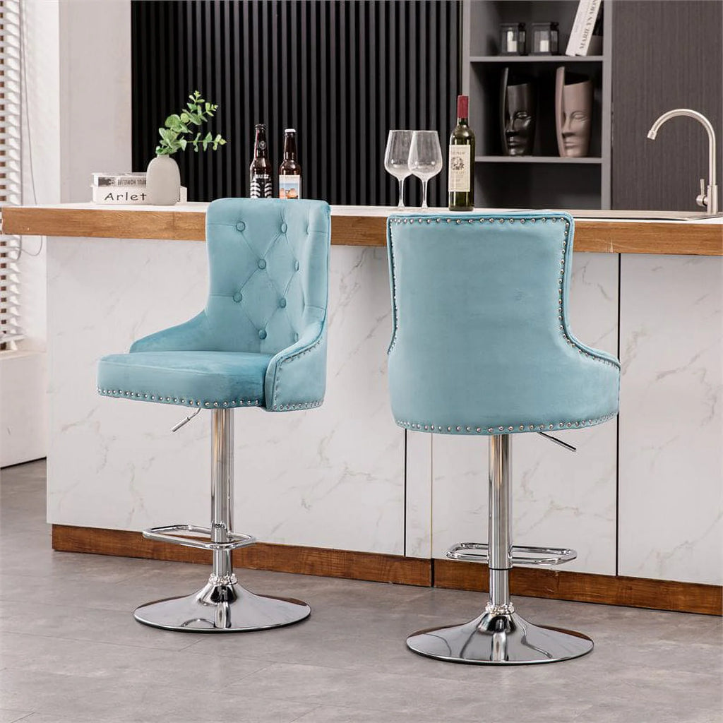 Alexent  2PCS Swivel Bar Stools, High Back, Button Tufted, Silver Footrest and Nailhead Trim Swivel Bar Chairs for Kitchen, Bar Velvet Upholstered Bar Stools, Dark Blue