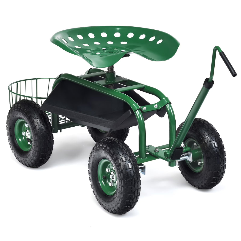 Costway Garden Cart Rolling Work Seat for Planting with Extendable Handle Green