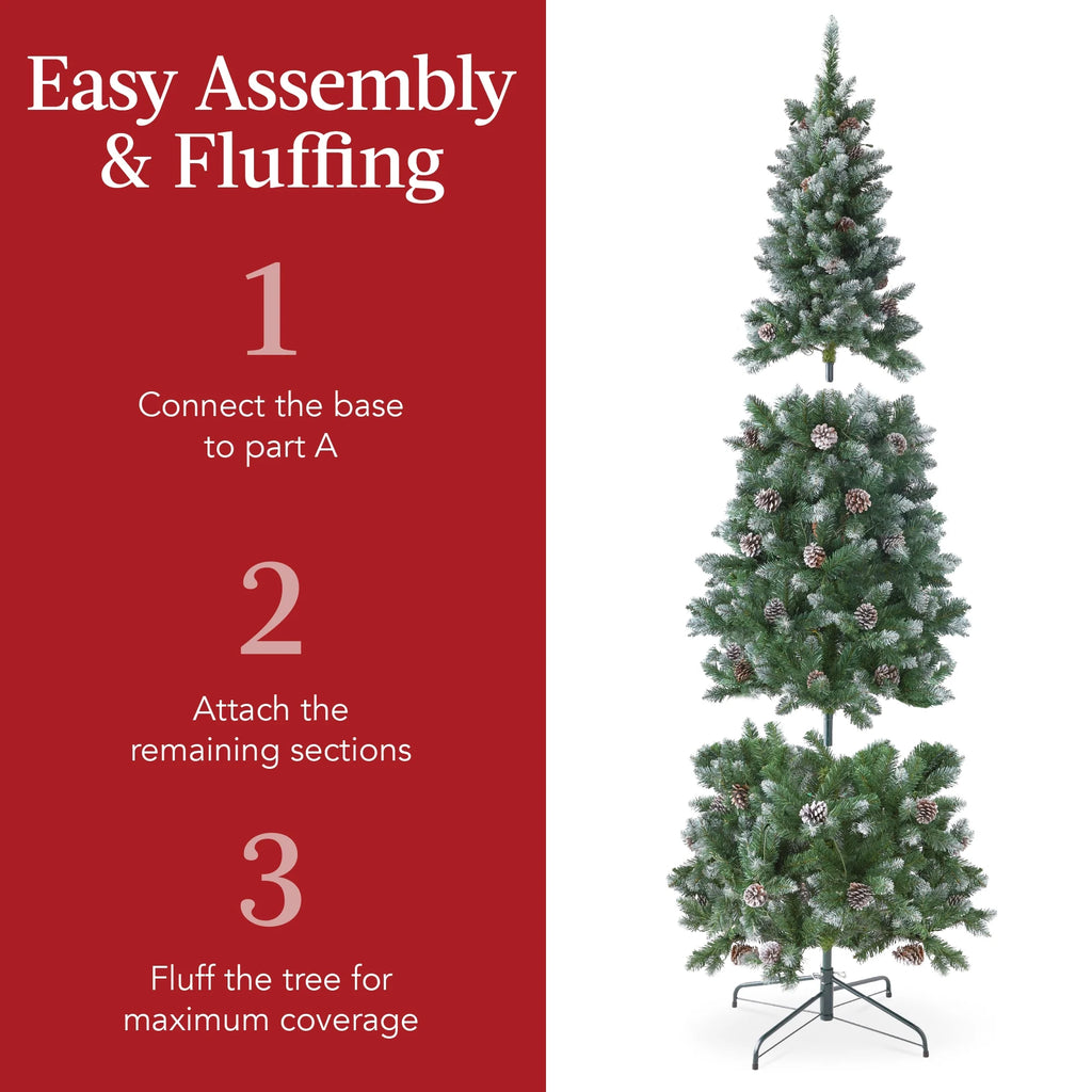 Best Choice Products 6ft Pre-Lit Partially Flocked Pencil Christmas Tree w/ 250 Lights, Pine Cones, Foldable Stand