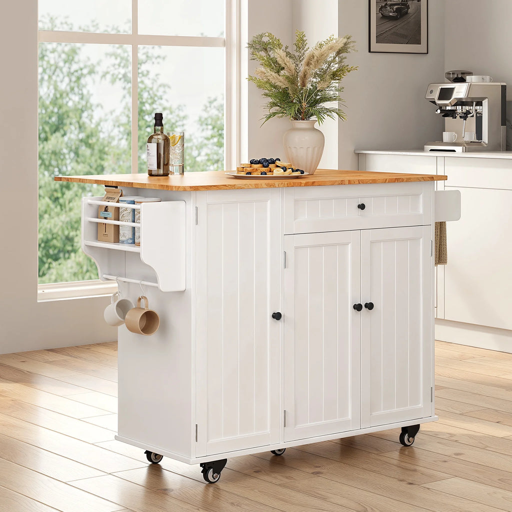 Noelse Kitchen Island with Storage, Island Table for Kitchen with Drop Leaf, Spice Rack, Towel Bar for Small Kitchens, White