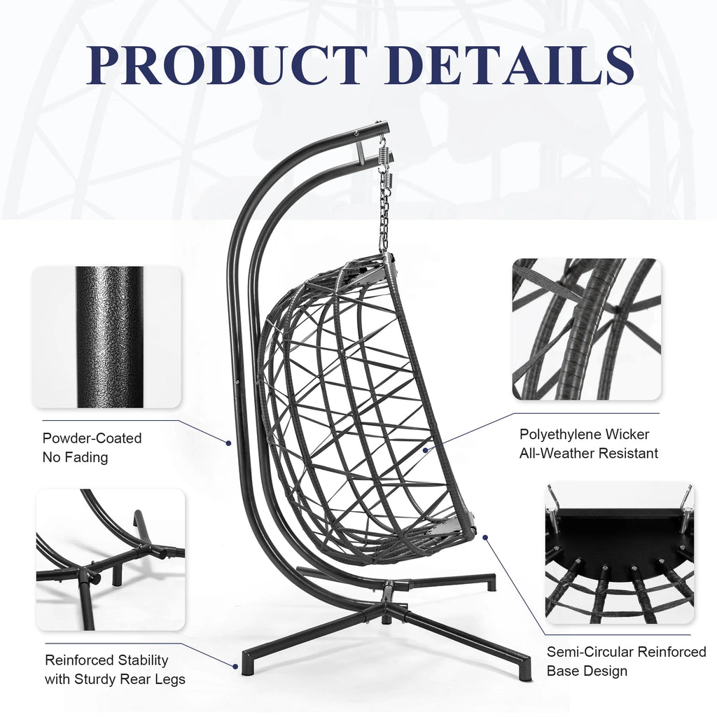 RADIATA Double Wicker Egg Swing Chair with Stand, 2-Person Hanging Egg Chair for Indoor/Outdoor, 700lbs Capacity, Thick Cushions & Headrest,Sturdy Metal Frame��Dark Gray