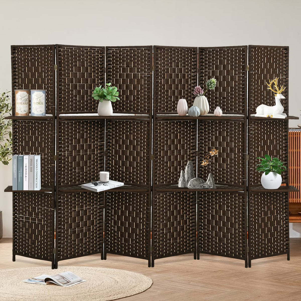 Dkelincs 6 Panel Wood Room Dividers Portable Folding Privacy Screen with Removable Storage Shelves, Brown