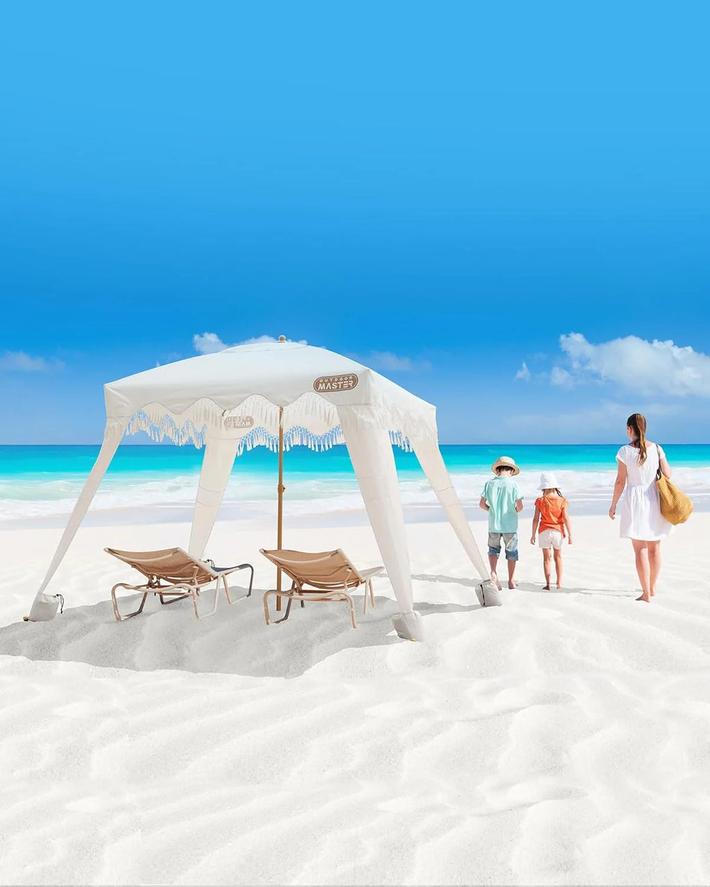 OutdoorMaster Beach Cabana with Fringe, Portable 6' x 6' Beach Canopy, Easy Set Up Beach Shelter, Included Side Wall, UPF 50+ UV Protection Sun Umbrella - for Kids, Family & Friends