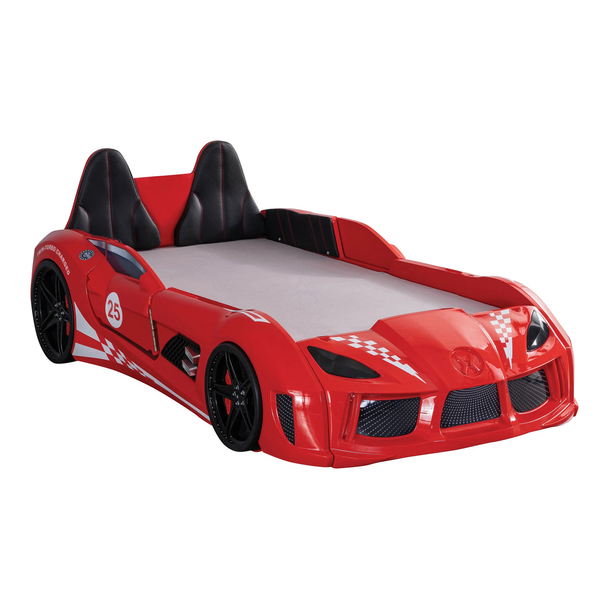 Furniture of America Dash Kids Plastic Twin Race Car Bed with LED and Sound, White