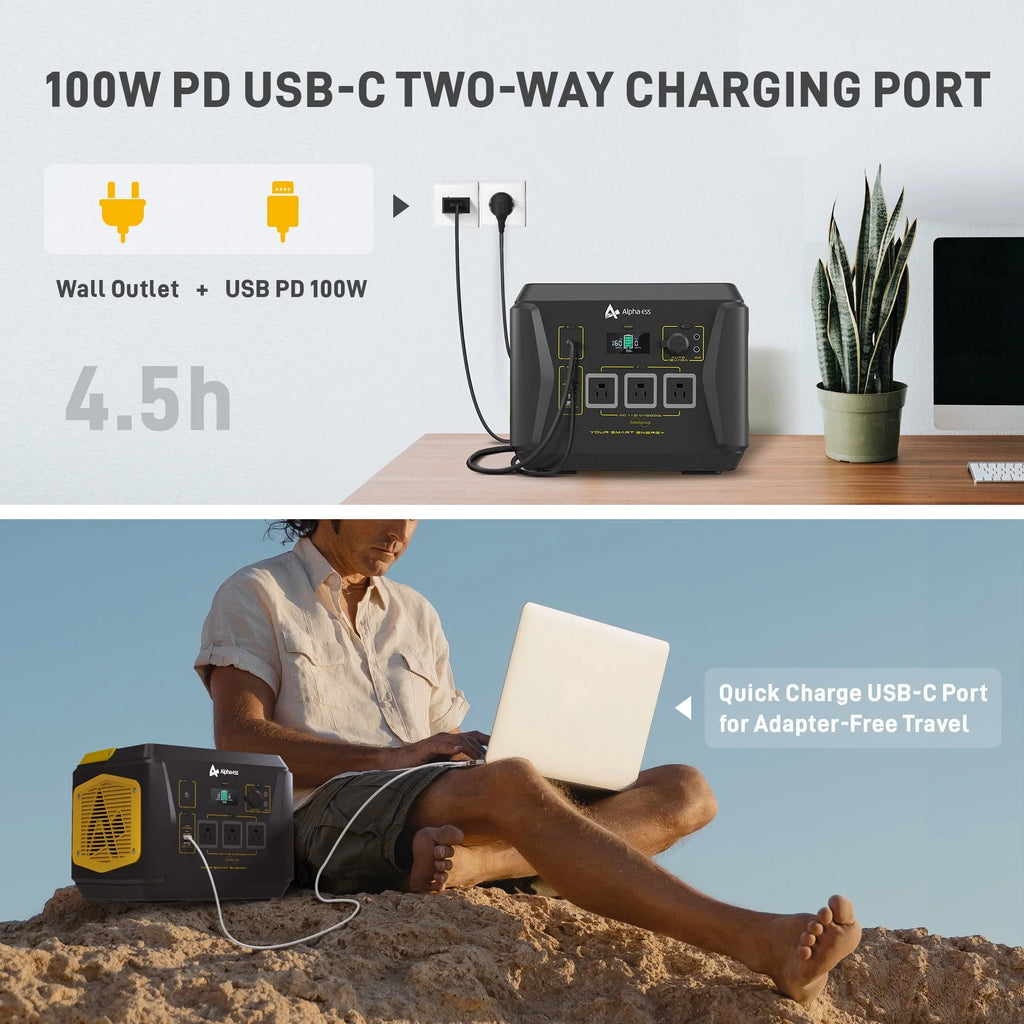 AlphaESS Portable Power Station 1000W, 1036Wh Solar Generator with 1000W AC Outputs (2000W Peak), Backup Power for Outdoor Camping, Home Use, Emergency