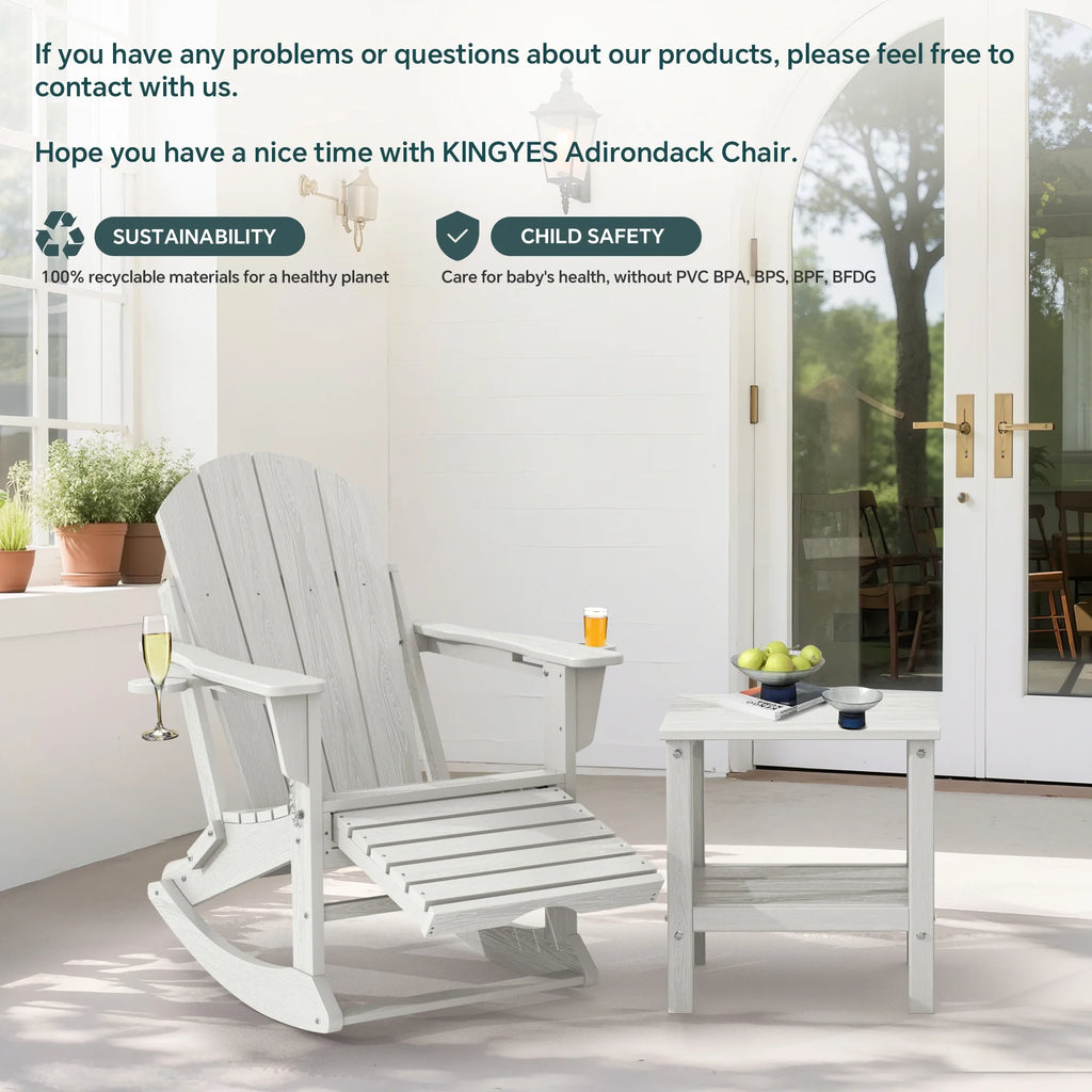 KINGYES Folding Adirondack Rocker Chair Set of 2 W/ Footrest & Dual Cup Holders, HDPE Outdoor Patio Rocking Chair, Black