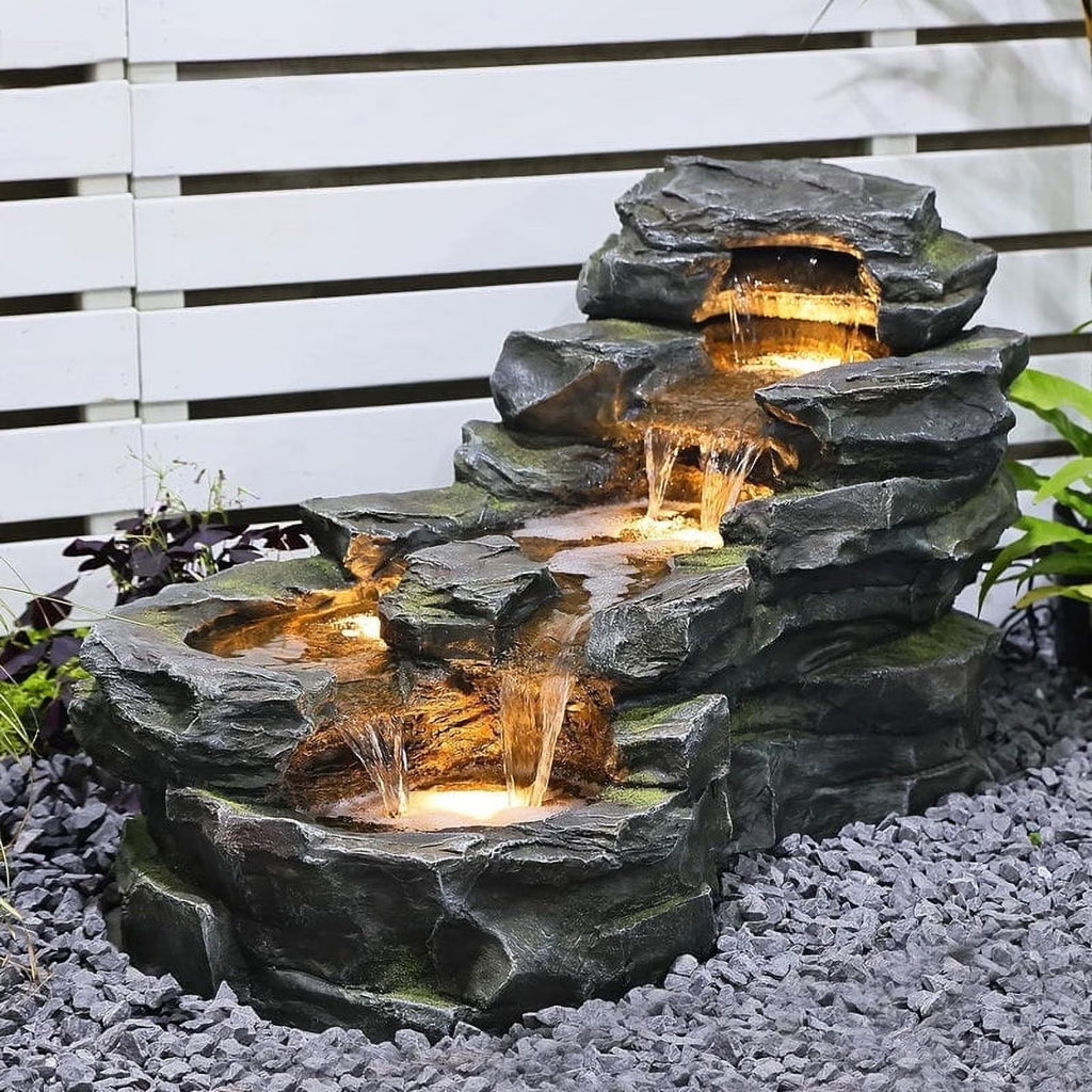 Outdoor Water Fountain Floor Standing Tiers Rock Natural Waterfall Outdoor Fountains with LED Lights for Garden, Patio, Porch