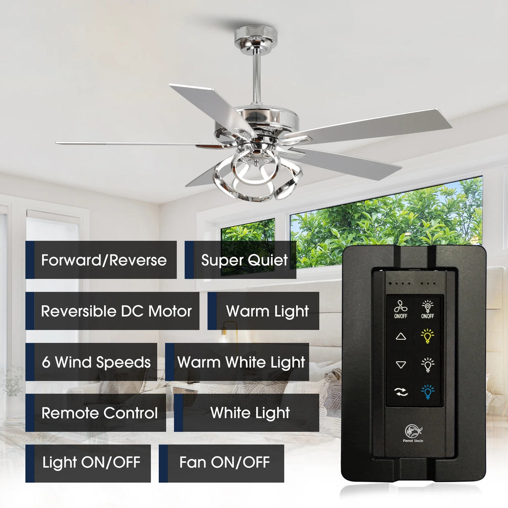 Parrot Uncle 52-Inch Contemporary Chrome Ceiling Fan with Integrated LED Lights and Remote Control