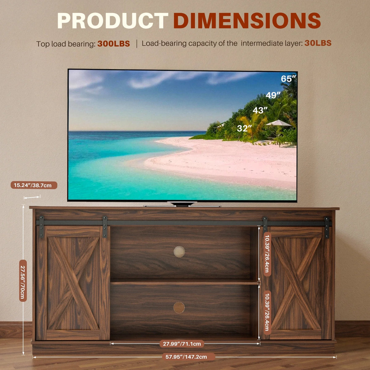 GIANNA TV Stand for Televisions up to 65 Inch, Entertainment Center with Sliding Barn Doors, Storage Cabinets and Media Shelves, Living Room Console Table, White