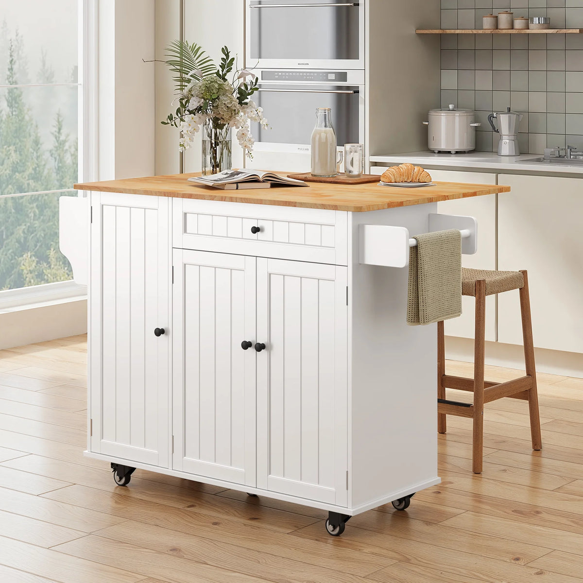 Noelse Kitchen Island with Storage, Island Table for Kitchen with Drop Leaf, Spice Rack, Towel Bar for Small Kitchens, White