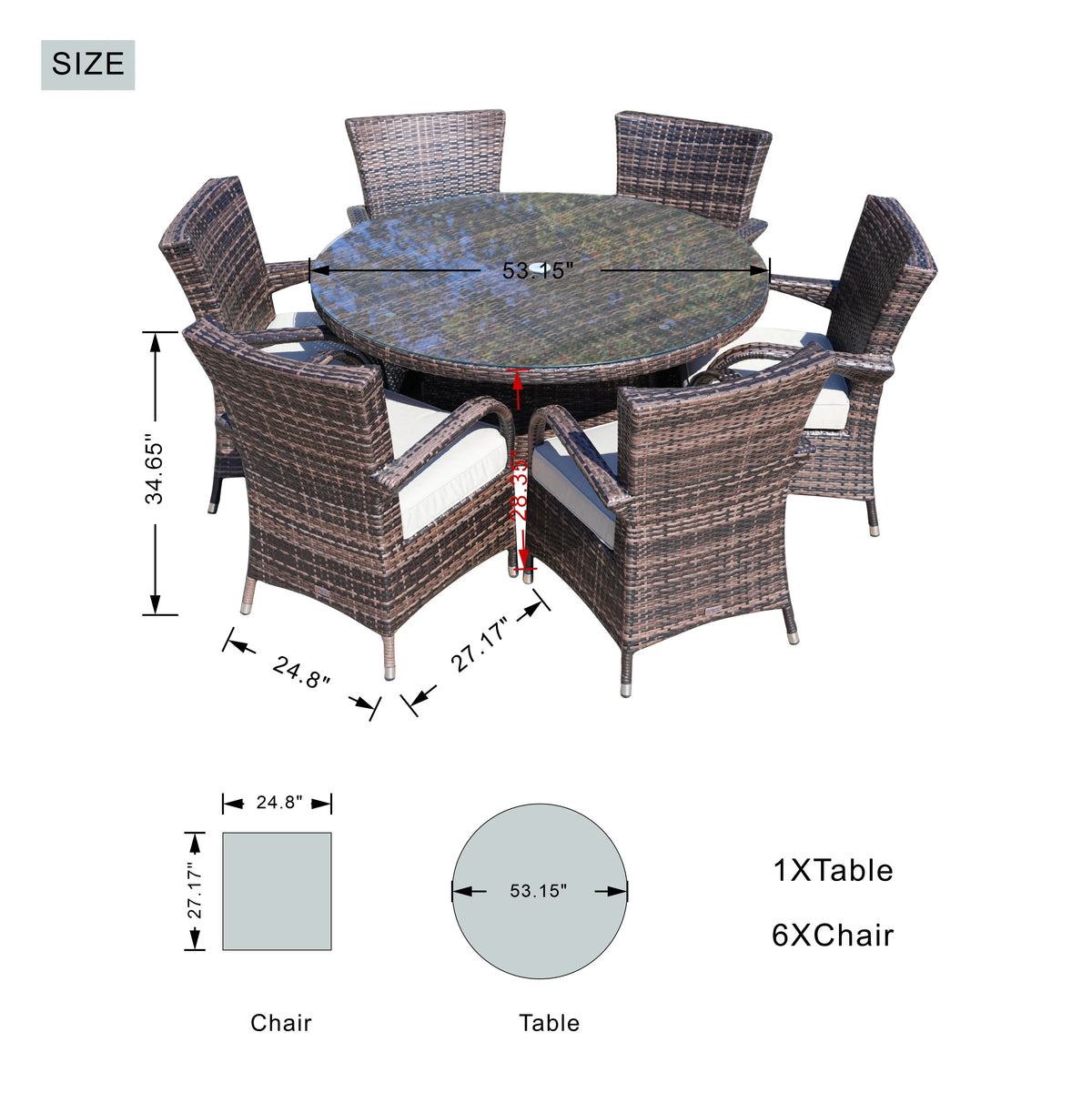 Direct Wicker 7 Piece Patio Dining Set with Rattan Chairs and Cushions, Grey