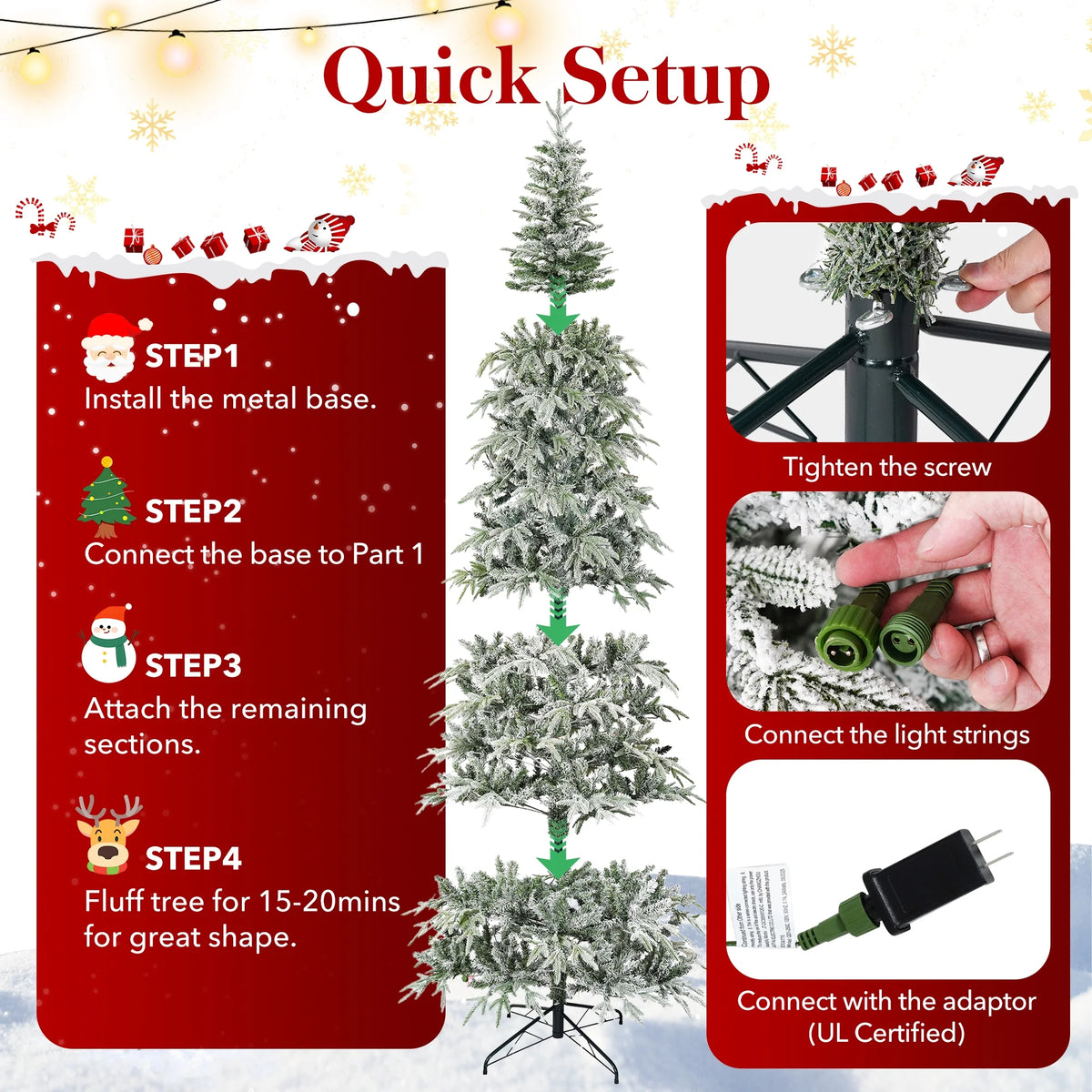 Qunler 9ft Snow Flocked Christmas Tree with 2028 Tips, Artificial Snowy Xmas Pine Tree with Reinforced Metal Base for Home Office Party Holiday Decorations ,White(NO Light)