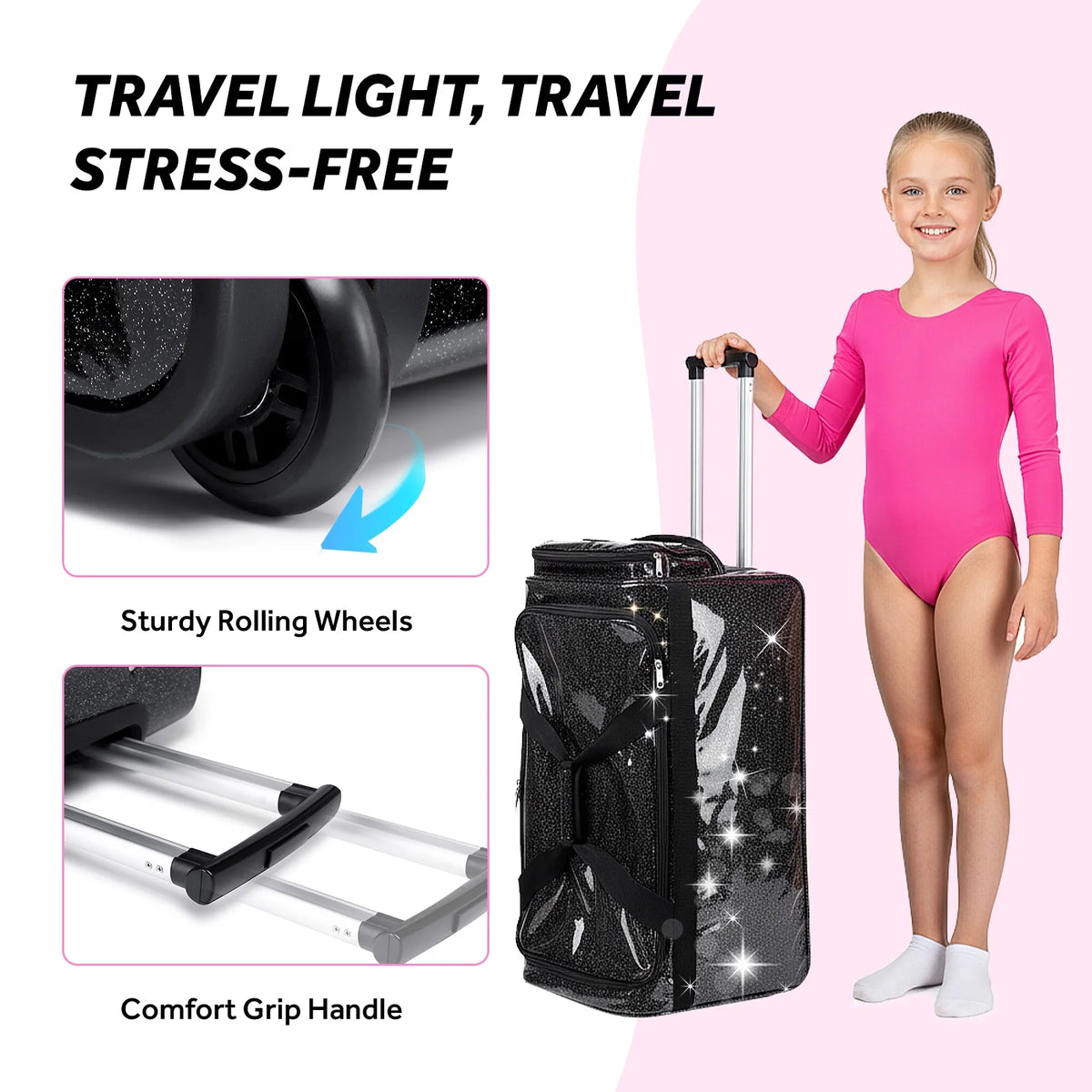 Dance Bag with Garment Rack,23"Glitter Rolling Dance Competition Bag with Organizer Bag, Collapsible Dance Travel Bag Suitcase for Dancers Performer Artist,Pink