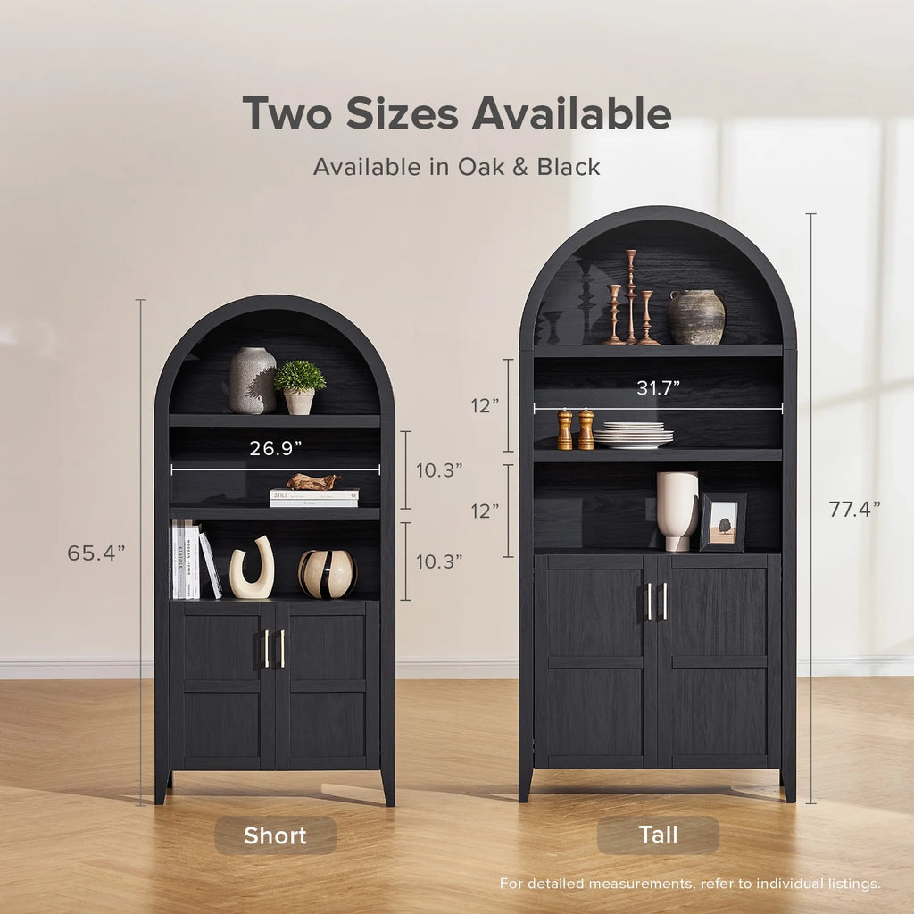 mopio Lauren 65.4" Arched Cabinet, 5-Tier Arched Bookcase with Doors and Shelves, Arched Bookshelf with Storage, Kitchen Pantry Cabinet, Wooden Storage Cabinet for Living Room, Kitchen (Oak)