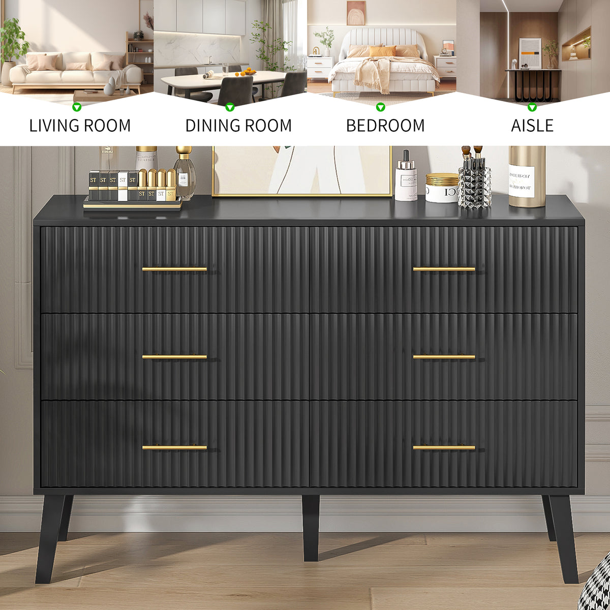 Fluted 6 Drawers Dresser, Wide Modern Chest of Drawers, 6 Drawer Double Dresser