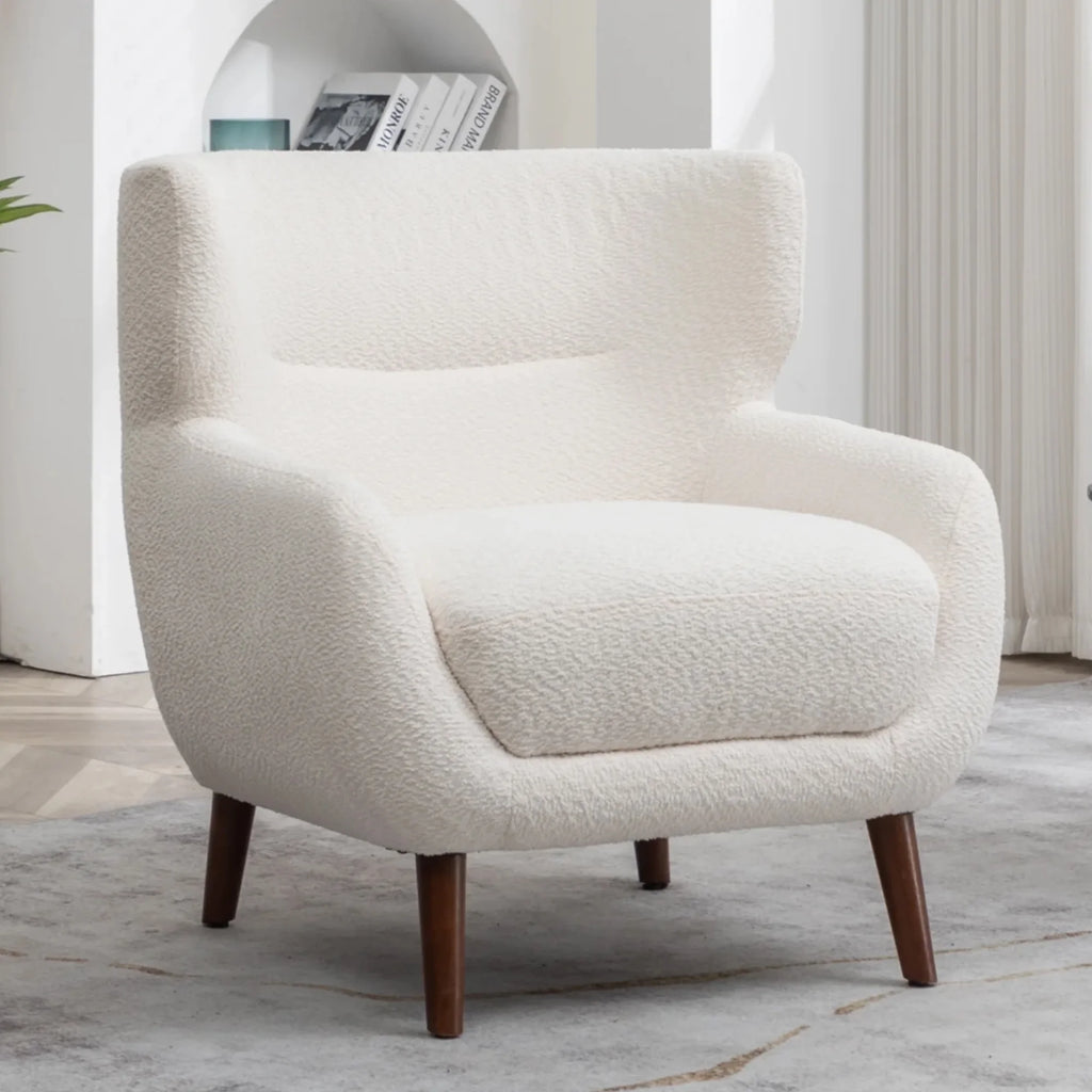 ALEAVIC White Accent Chair Upholstered Armchair with Solid Wood Legs