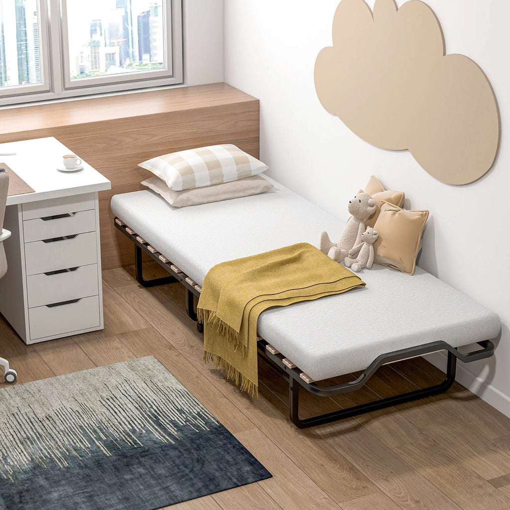 Gymax Portable Foldable Guest Bed w/ Solid Wood Slats & Metal Frame Rollaway Bed for Adults w/ Wheel
