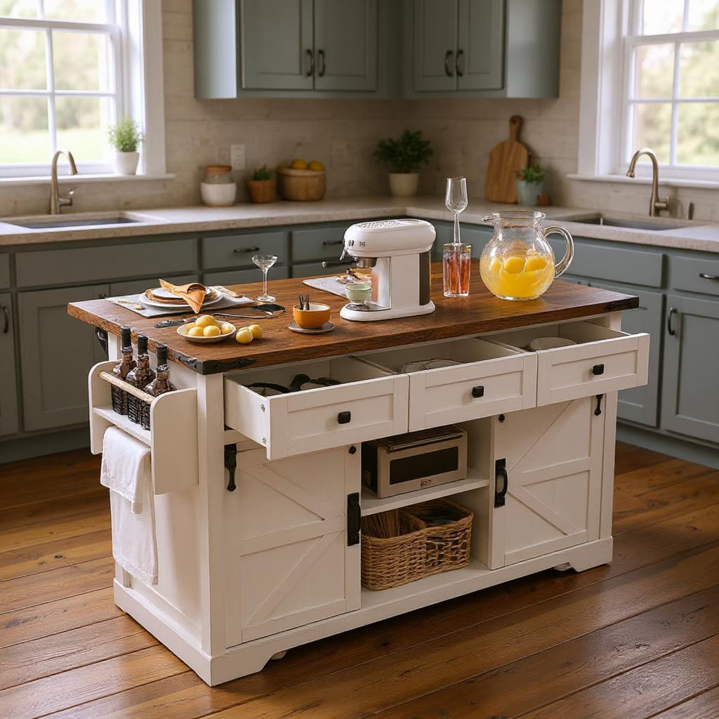 Homy Casa Farmhouse 53.7" Kitchen Island with Storage Cabinet, Sliding Barn Doors, and Wheels, White Oak