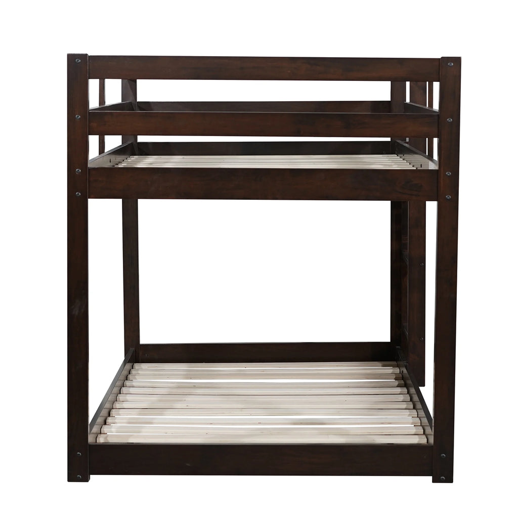 Twin Over Twin Floor Bunk Bed, UHOMEPRO Solid Wood Low Bunk Bed with Safety Rail, Ladder, Heavy Duty Bunk Beds, Space-Saving Bedroom Dorm Furniture, Gray