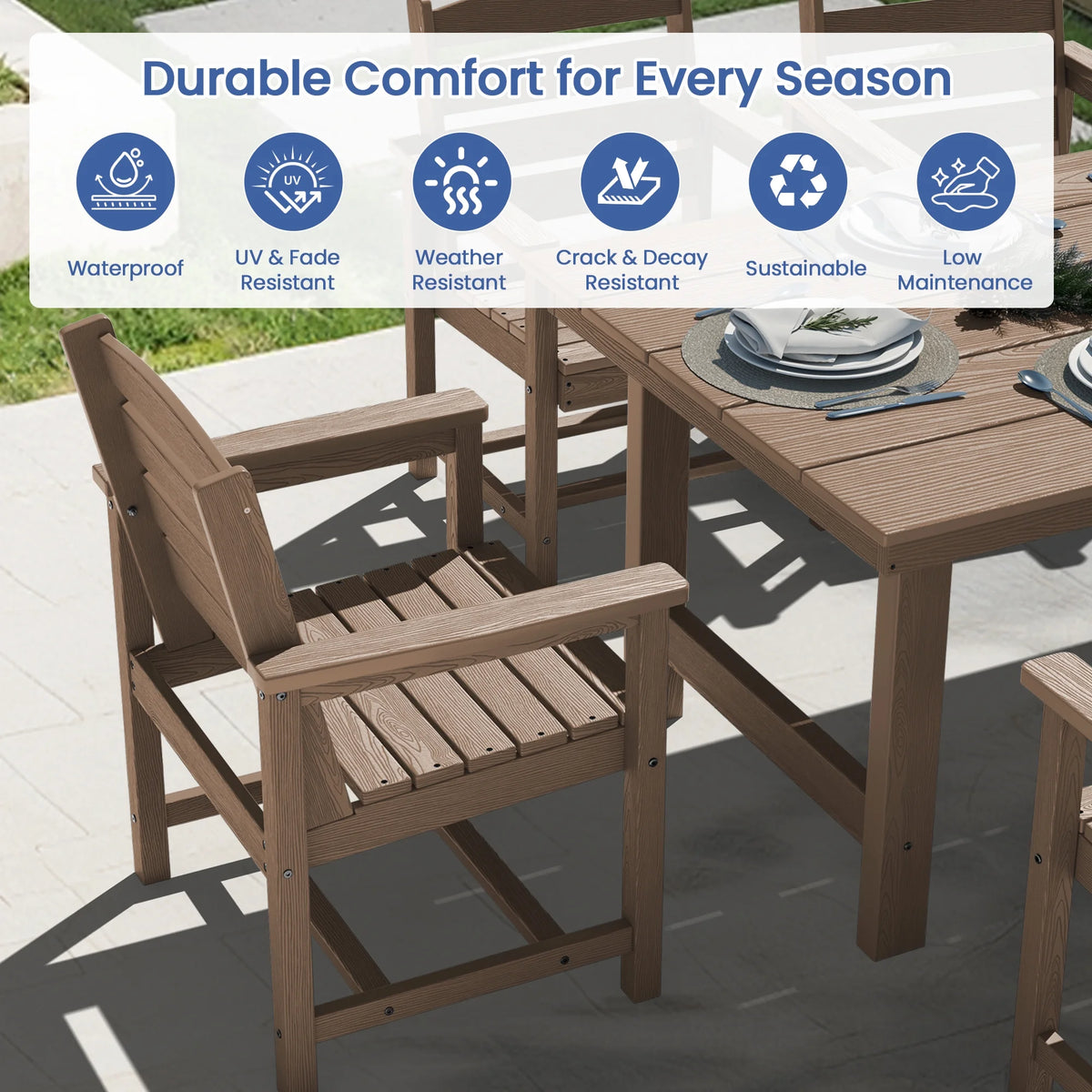 KINGYES 7-Piece Outdoor Dining Set, HDPE Patio Table and Chairs with Umbrella Hole, Gray