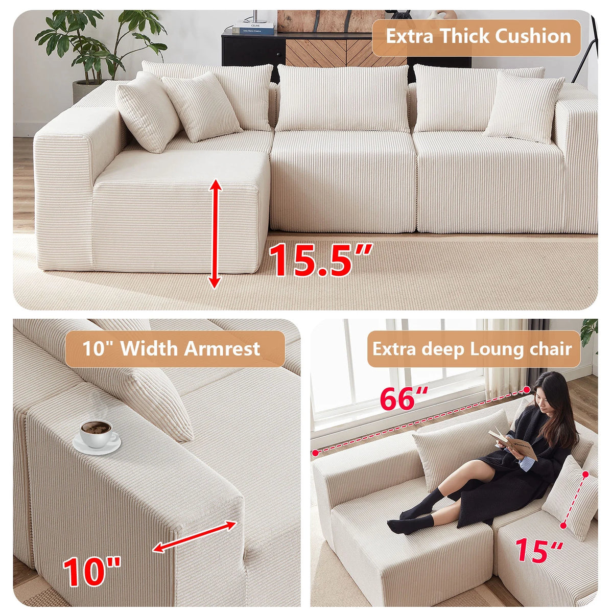 104-Inch Corduroy Modular L Shaped Sectional Sofa,Luxury Floor Couch Set,Upholstered Indoor Furniture,Foam-Filled Compressed Sofa for Living Room,Bedroom,4 PC Free Combination  ?