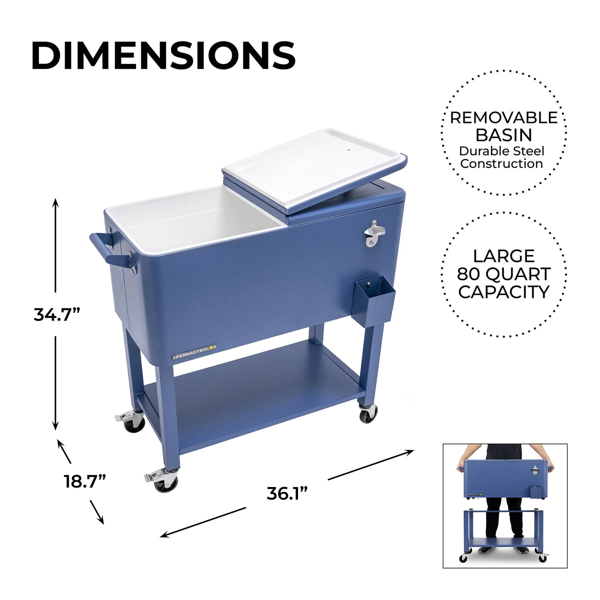 Permasteel 80-Qt Outdoor Steel Patio Cooler with Removable Basin, Rolling Cooler with Wheels, Teal Green